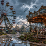 Abandoned amusement park at dusk