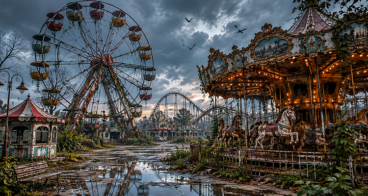 Abandoned amusement park at dusk