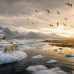 Polar bears on ice floe at dawn