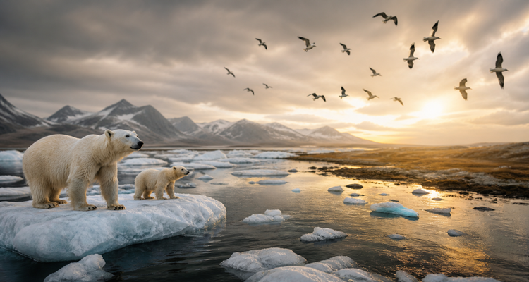 Polar bears on ice floe at dawn