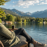 Relaxing lakeside contemplation with scenic backdrop