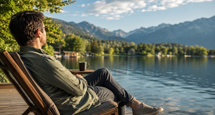 Relaxing lakeside contemplation with scenic backdrop