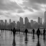 Rainy riverside walk with city skyline