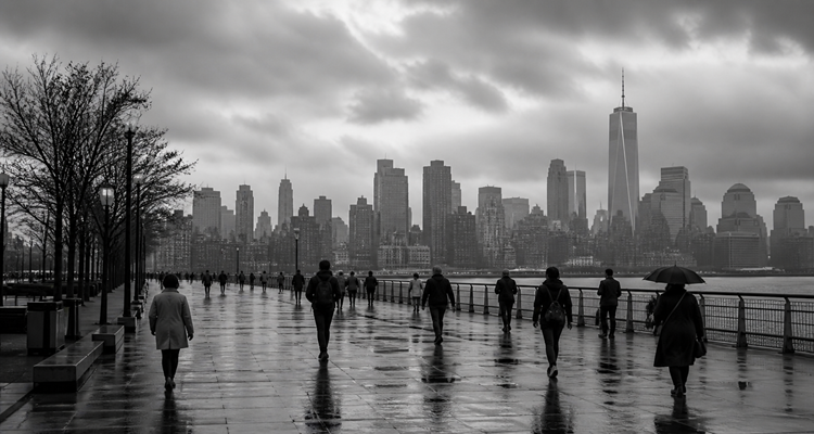 Rainy riverside walk with city skyline
