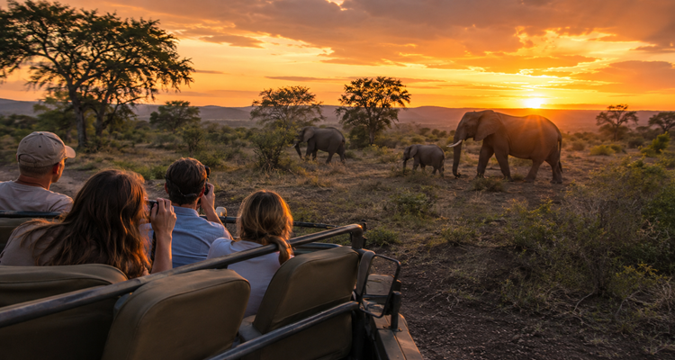 Safari at sunset with elephants