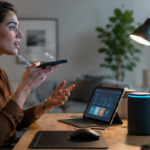 Tech-savvy workspace with voice interaction
