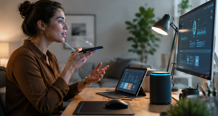 Tech-savvy workspace with voice interaction