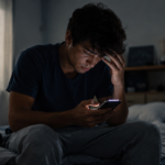 Young adult sitting tired on a bed in the morning while looking at a glowing smartphone in a dimly lit room