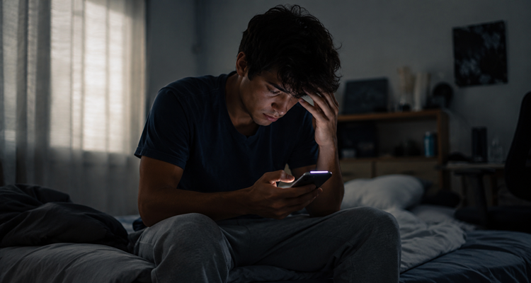 Young adult sitting tired on a bed in the morning while looking at a glowing smartphone in a dimly lit room