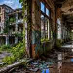 Abandoned industrial corridor at sunset