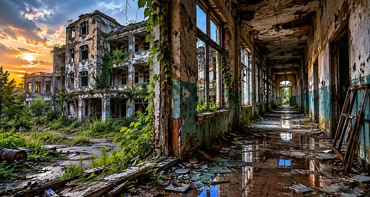 Abandoned industrial corridor at sunset