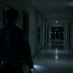 Security guard in dim hallway