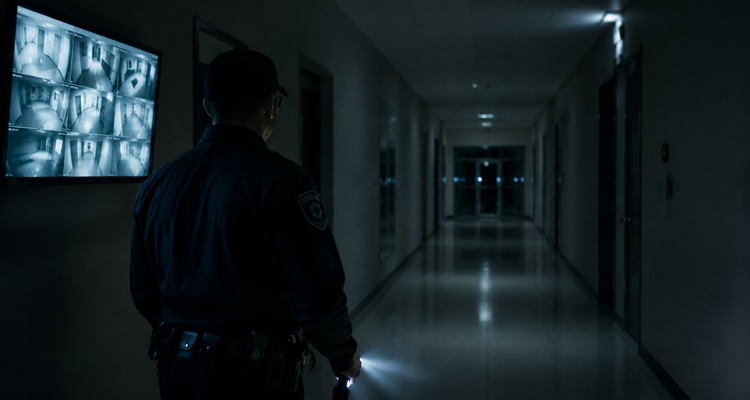 Security guard in dim hallway