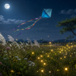 Moonlit meadow with colorful kite