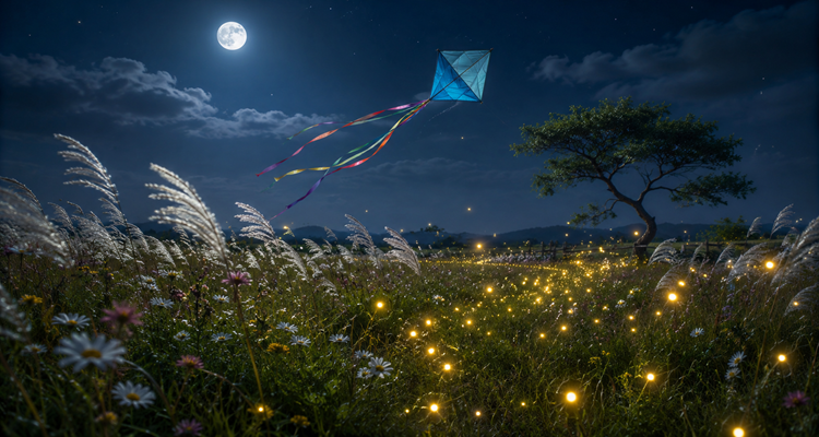 Moonlit meadow with colorful kite