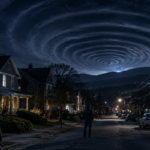 Nighttime storm over suburban street