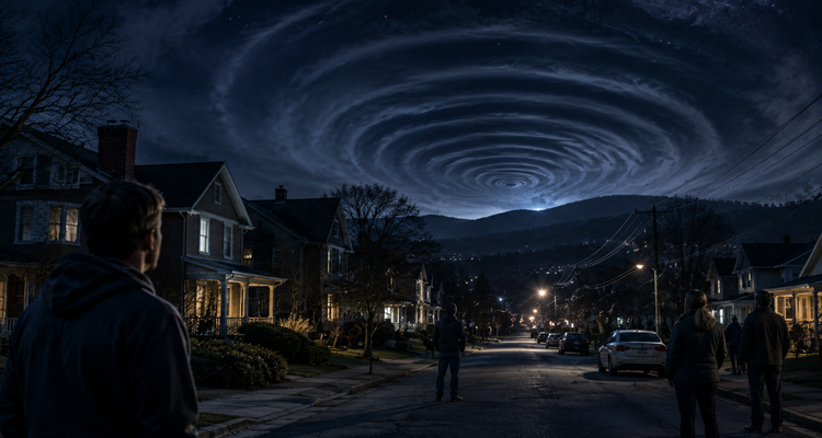 Nighttime storm over suburban street