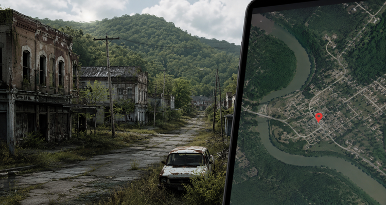 An abandoned ghost town surrounded by overgrown roads and fading buildings