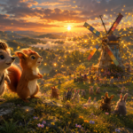 Magical village at sunset celebration