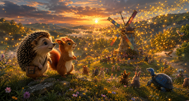 Magical village at sunset celebration