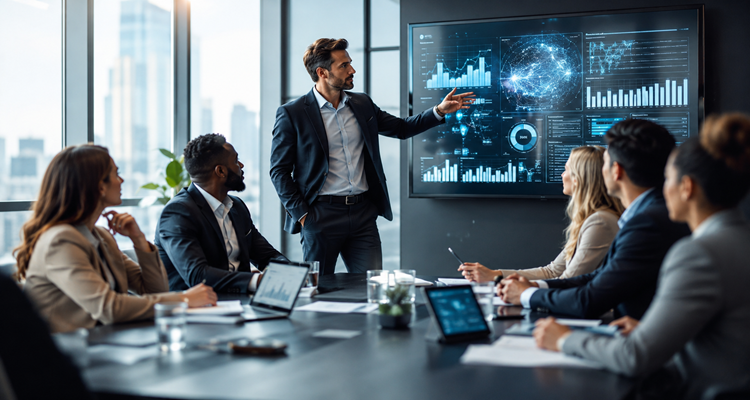 Business manager reviewing AI-generated workplace insights on a digital dashboard while leading a collaborative team meeting.