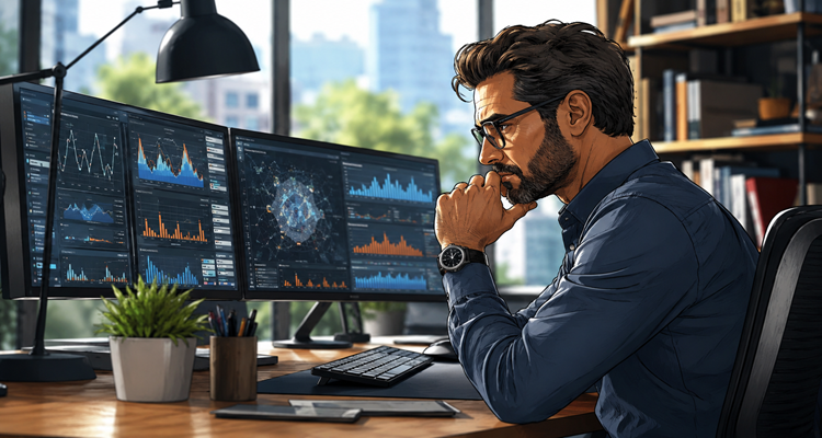 Professional evaluating AI-generated recommendations on a computer while making a human decision in a modern workplace.