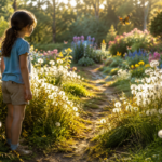 Magic garden path in golden light