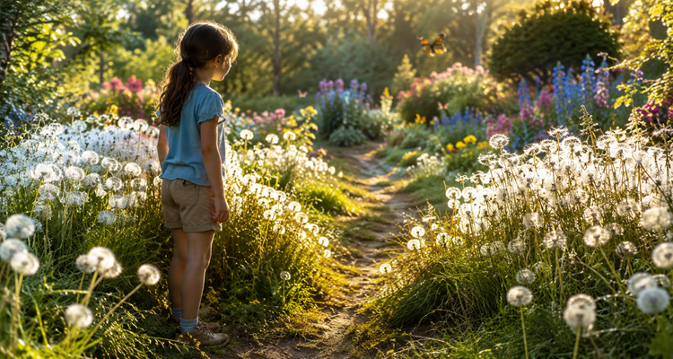 Magic garden path in golden light