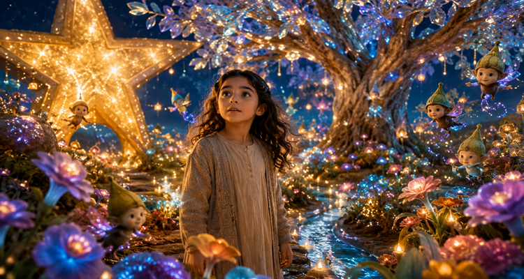 Magical garden under a starry sky