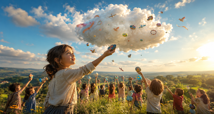 Children reaching for a magical cloud