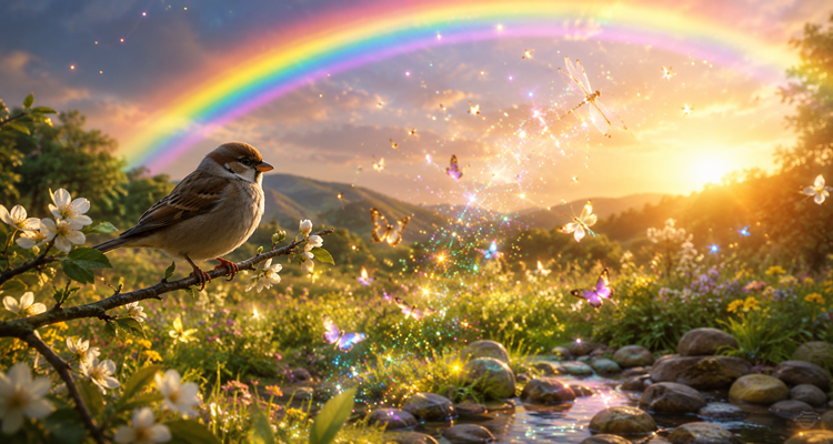 Magical golden hour meadow with butterflies