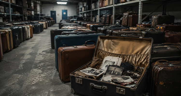Forgotten luggage in a dim warehouse