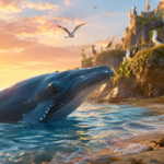 Whale and puffin at sunset