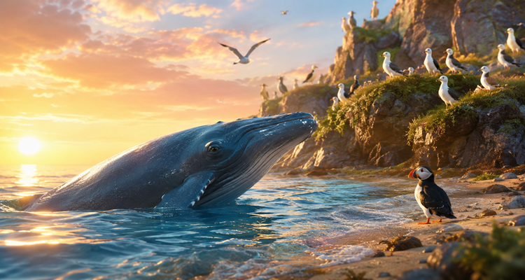 Whale and puffin at sunset