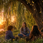 Children under willow tree at sunset