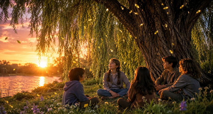Children under willow tree at sunset