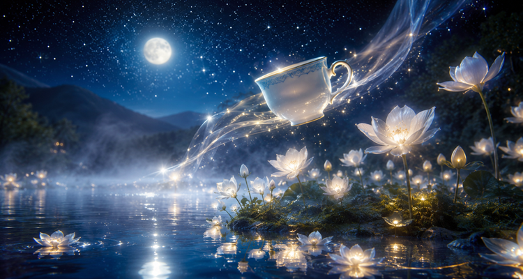 Moonlit dreamscape with glowing flowers