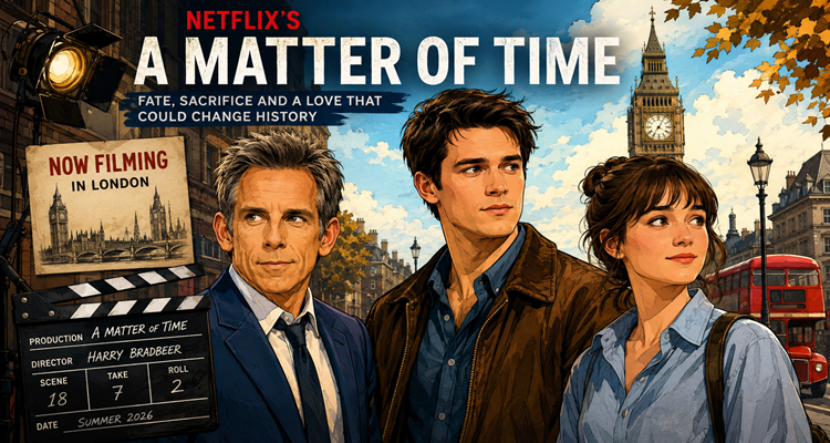 Ben Stiller, Nicholas Galitzine and Bella Maclean filming Netflix's A Matter of Time on location in London.