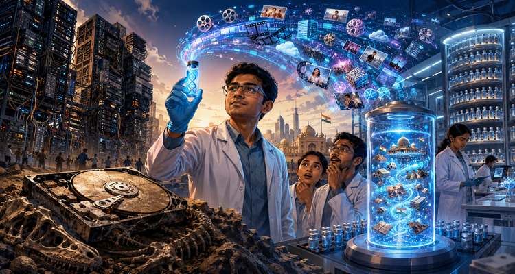 Scientist holding a test tube of synthetic DNA used for storing digital movie data in a lab
