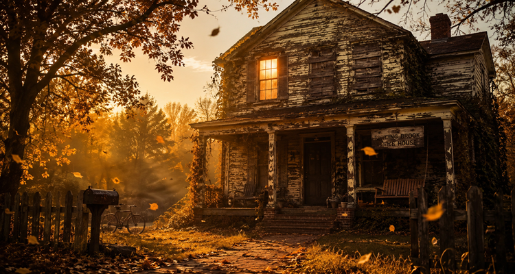 An old abandoned house on a quiet street, overgrown with ivy, evoking a sense of memory and loss.