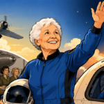 Wally Funk smiling in a blue flight suit after her historic Blue Origin spaceflight at age 82.