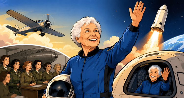 Wally Funk smiling in a blue flight suit after her historic Blue Origin spaceflight at age 82.