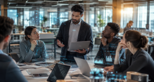 Professional employee analyzing AI-generated insights on a laptop while collaborating with colleagues in a modern workplace, highlighting the changing value of workplace skills.