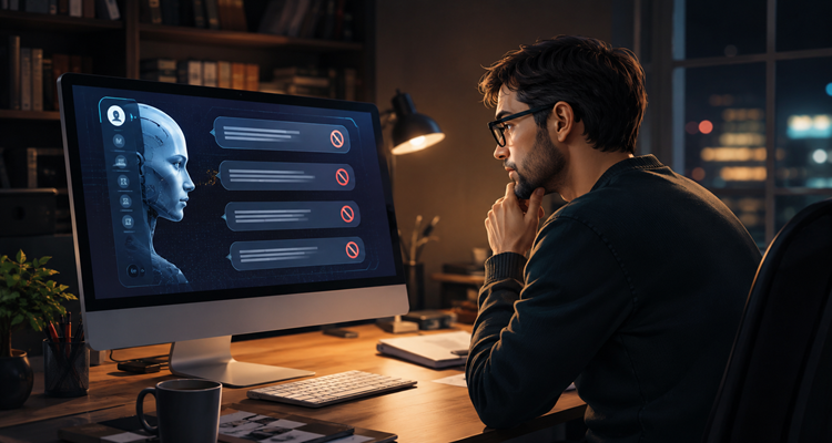 A person sitting in a dimly lit workspace facing an AI assistant interface that displays unanswered questions, symbolizing the limits and responsibilities of artificial intelligence.