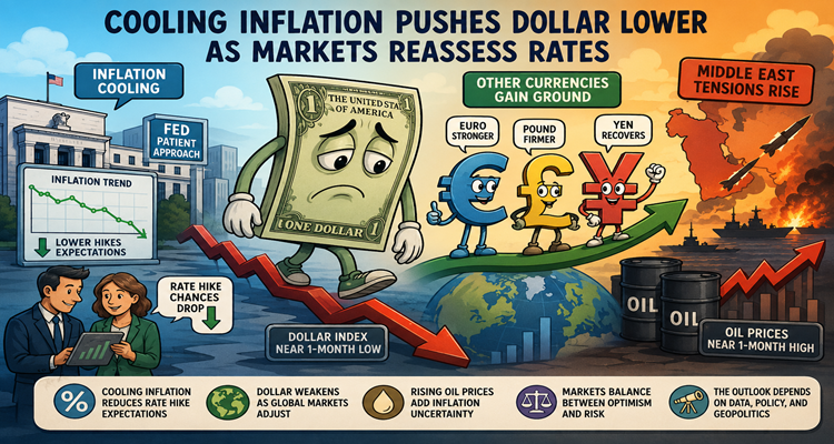 U.S. dollar currency notes with financial market charts showing inflation trends, interest rate expectations, and global currency movements.