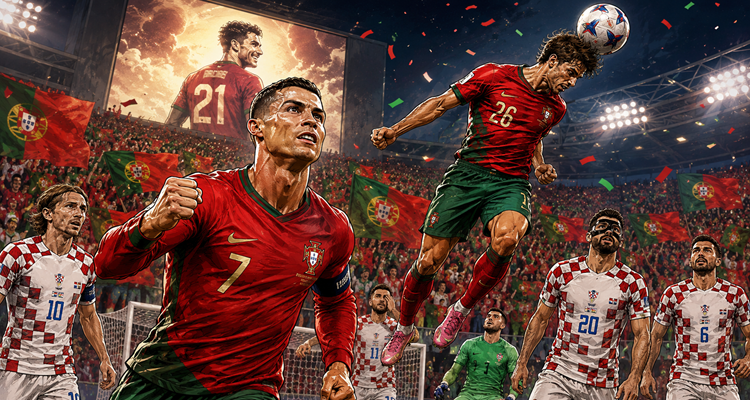 Cristiano Ronaldo celebrating after scoring during Portugal’s dramatic World Cup knockout victory over Croatia.