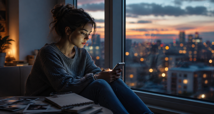 A thoughtful person looking at old contacts and memories on a smartphone while reflecting on relationships that have faded from regular communication.