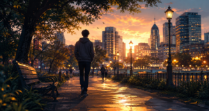 A photorealistic scene of a person walking in a modern city park at dusk. Warm cinematic lighting highlights subtle environmental details like gently rustling leaves, softly glowing street lights, and distant silhouettes of pedestrians. The atmosphere conveys the complex sensory signals (light, sound, movement) that our brains absorb without conscious notice.