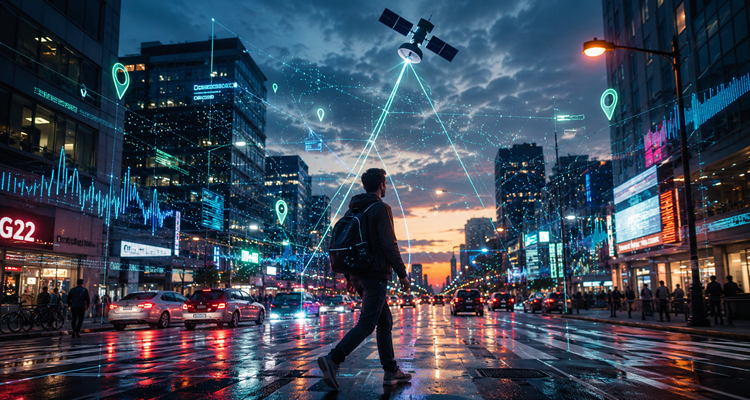 A person walking through a city street at dusk with glowing digital data streams and satellite imagery overlays around them, illustrating how urban sensors and satellites track movement.