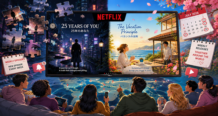 Promotional concept showing viewers streaming Japanese dramas on Netflix featuring thriller and romance themes.